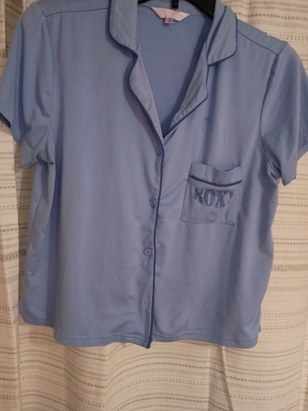 Roxy Light Blue Short Sleeve Button-Front Pajama Top with Contrast Piping